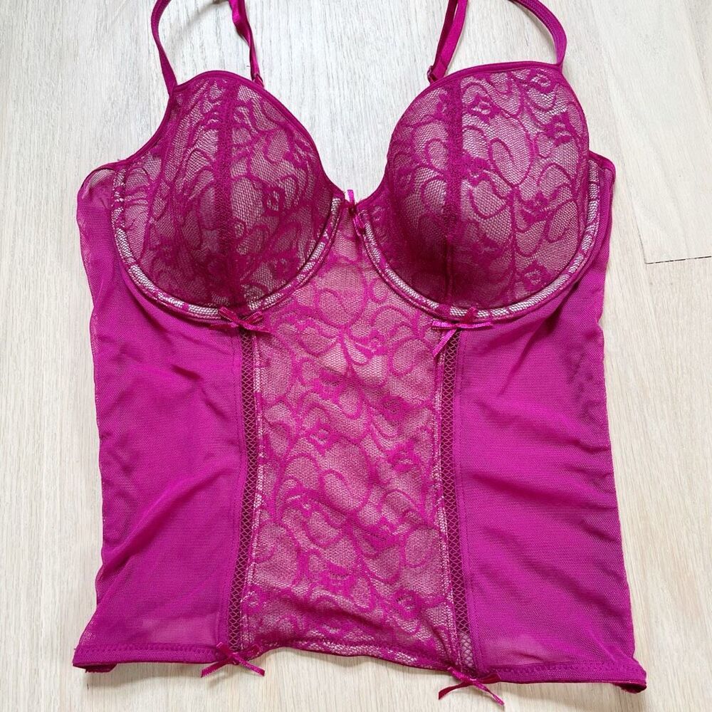BUY 1 GET 1 FREE Sheer Lace Longline Bustier Corset Top Underwire Magenta Pink S